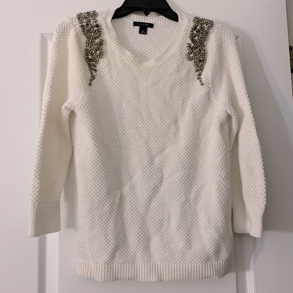 White knit sweater with beaded accent